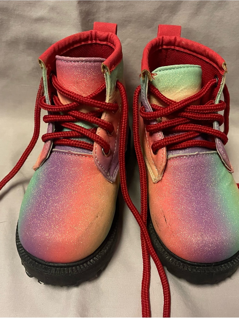 Kids Rainbow Glitter Lace-Up Boots in Red